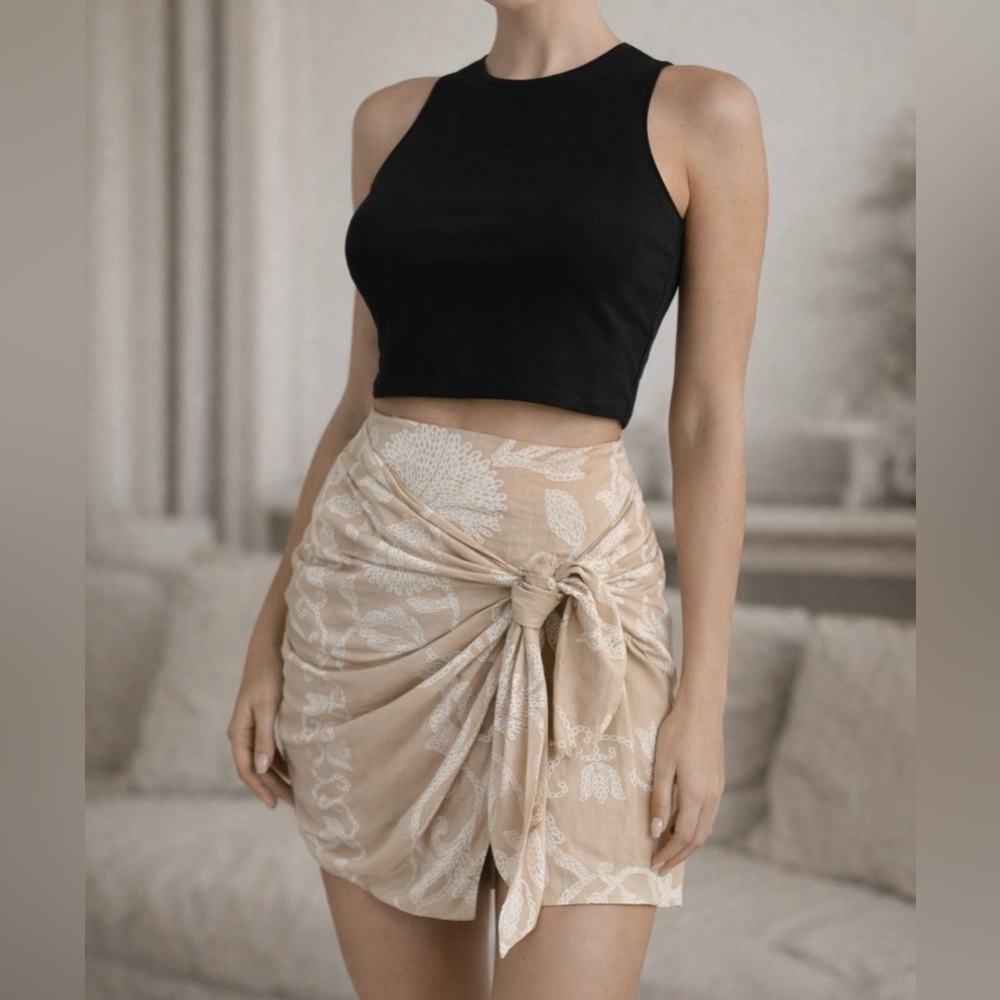 Zara Floral Linen Beige White Blend Sarong Wrap Mini Skirt Resort-wear Sz XL